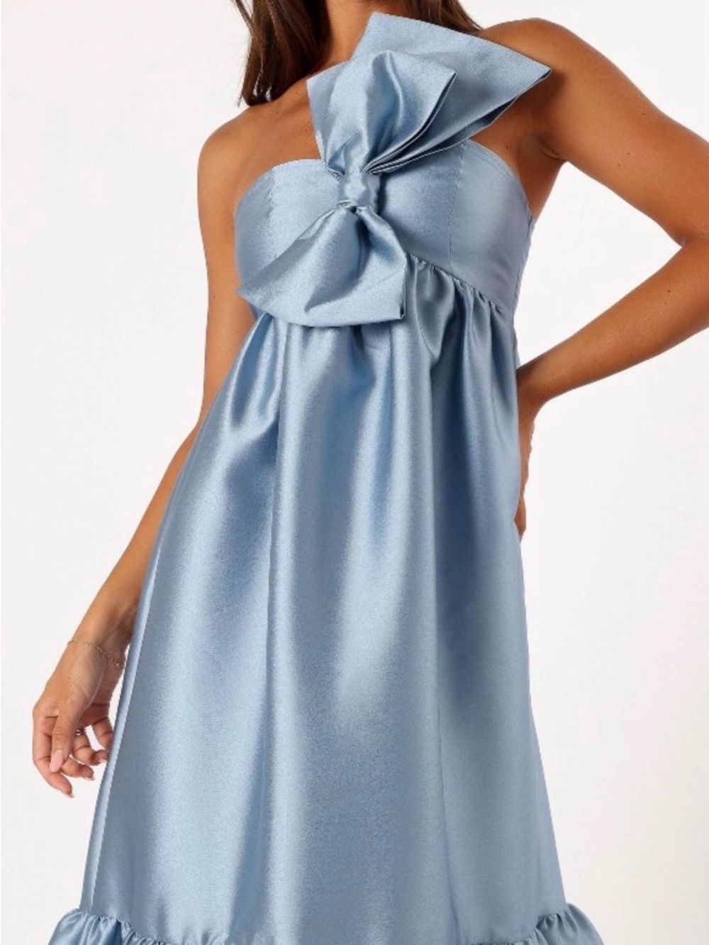 Petal & Pup Powder Blue One-Shoulder Satin Maxi with Statement Bow - Picture 2 of 3